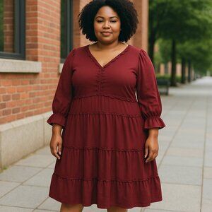 eShakti Maroon Red 3/4th Sleeve Tiered Ruffle V Neck Midi Dress Size 24W